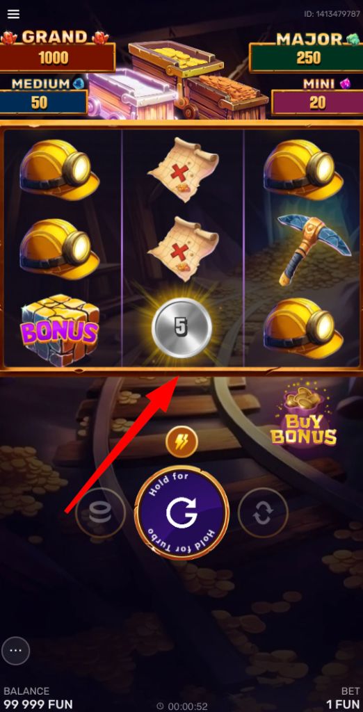 Mobile gameplay showing a silver coin landing on the grid